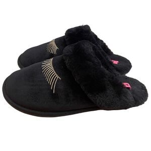 BETSEY Johnson Embroidered Eyelash Plush Slippers Black Size 7/8